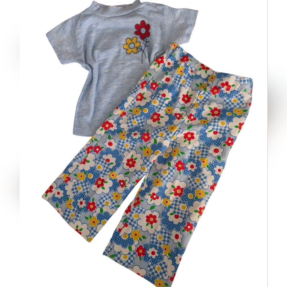 70s Vintage Girls Groovy Daisy Floral Print Flare Pants & Matching Top Set Rare